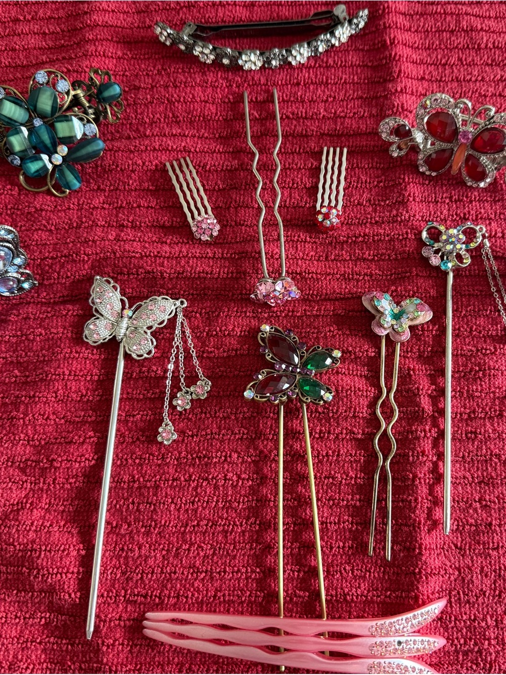 Assorted Butterfly and Crystal Hair Pins – Pink & Green Accents